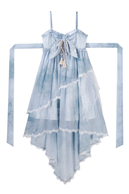 Blue [Clouds Resting in the Wilderness] Print Ruffle Embroidery Bowknot Lace Irregular Lolita Jsk Dress