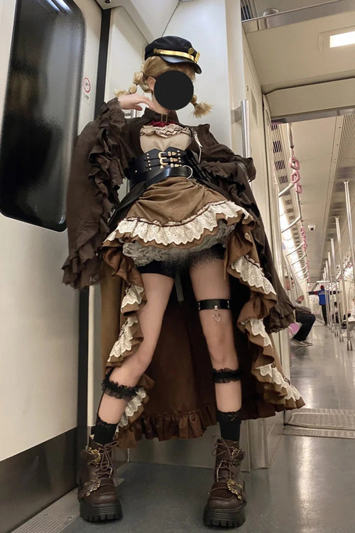 Brown Ruffle Irregular Handsome Punk Lolita Dress Set