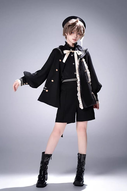 Black [City of Mist] Navy Collar Long Sleeves Gothic College Style Prince Ouji Lolita Shorts Coat Set