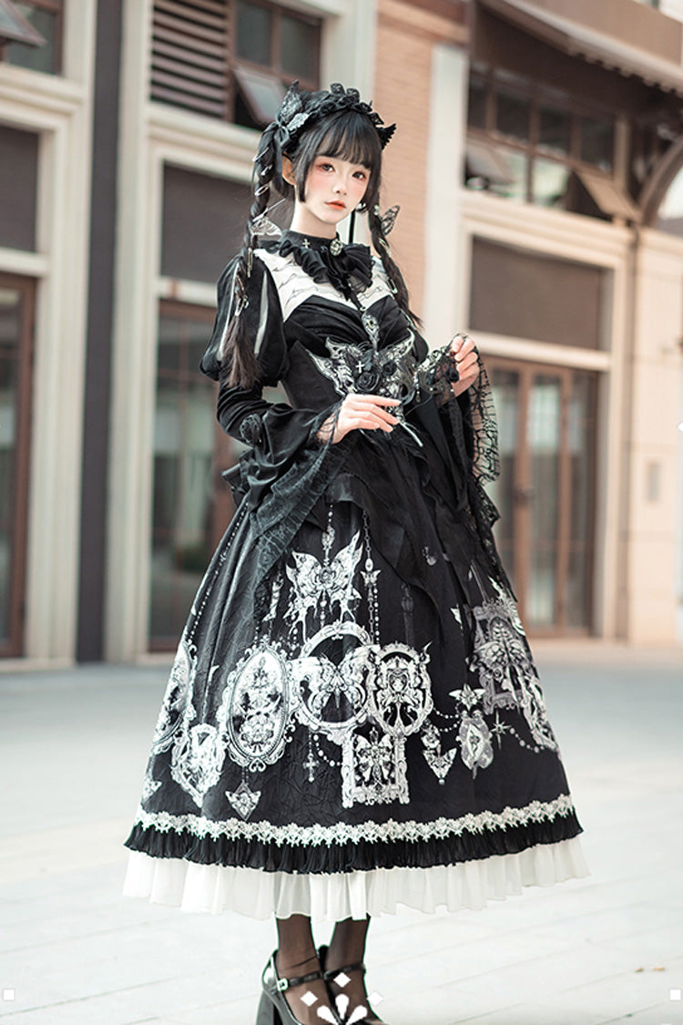 Black [Feast of Bones] Print Ruffle Bowknot Lace Gothic Elegant Lolita Long Dress