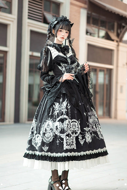 Black [Feast of Bones] Print Ruffle Bowknot Lace Gothic Elegant Lolita Long Dress
