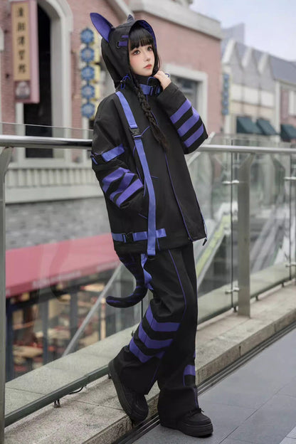 Blue/Black Long Sleeves Print Cat Ears Hooded Jirai Kei Handsome Coat