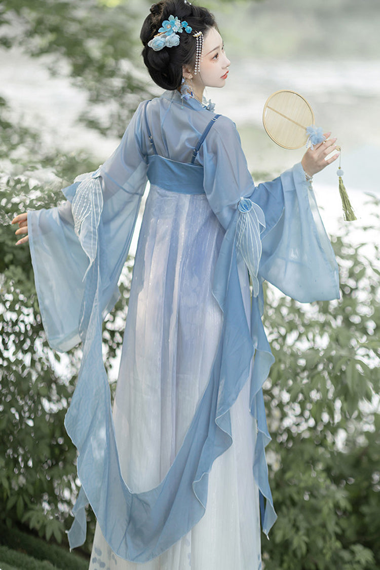 Blue [Princess Of The Sea] Hime Sleeves High Waisted Embroidered Women's Sweet Hanfu Dress Set