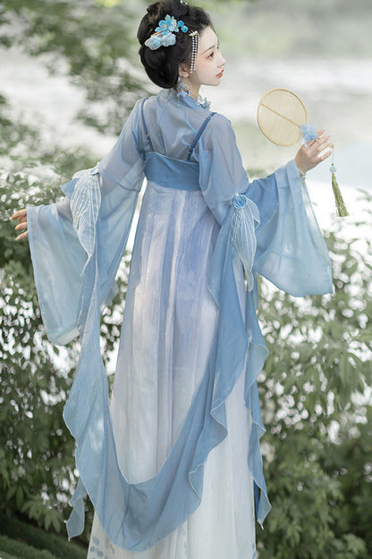 Blue [Princess Of The Sea] Hime Sleeves High Waisted Embroidered Women's Sweet Hanfu Dress Set