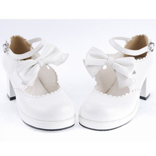 White PU Round Toe Ankle Straps Bow Decoration Platform Sweet Lolita Shoes
