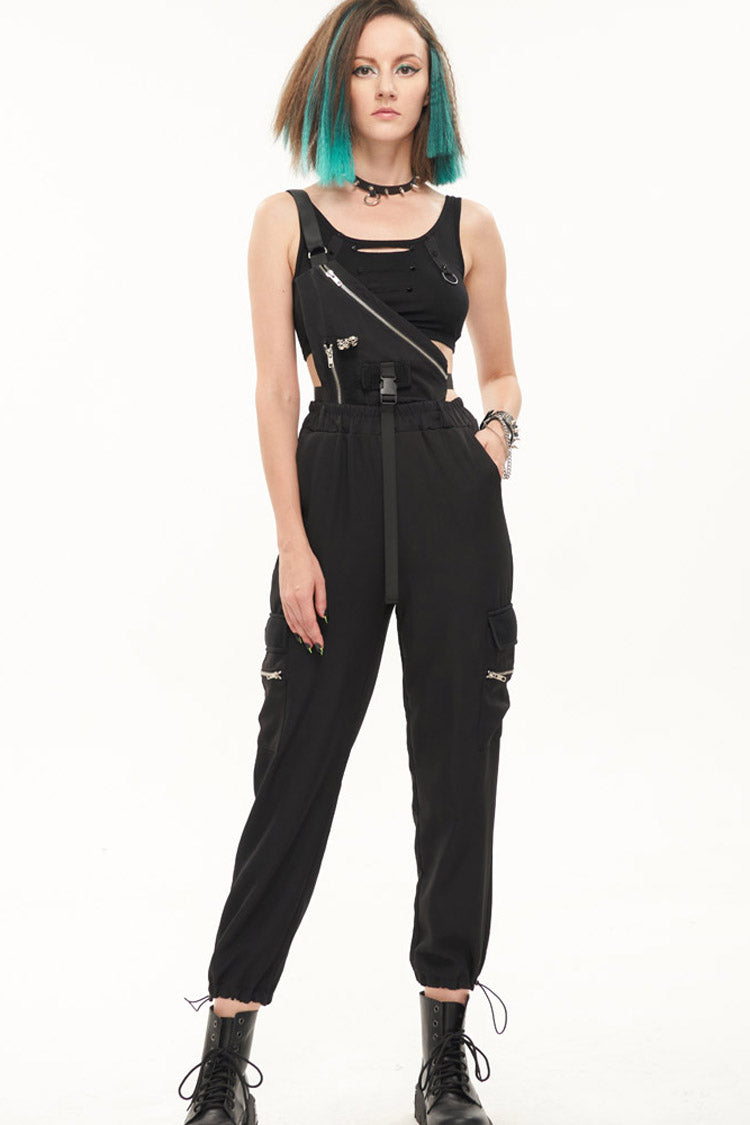 Black Punk Casual Single Shoulder Multiple Pockets Skull Head Decoration Strap Women's Pants