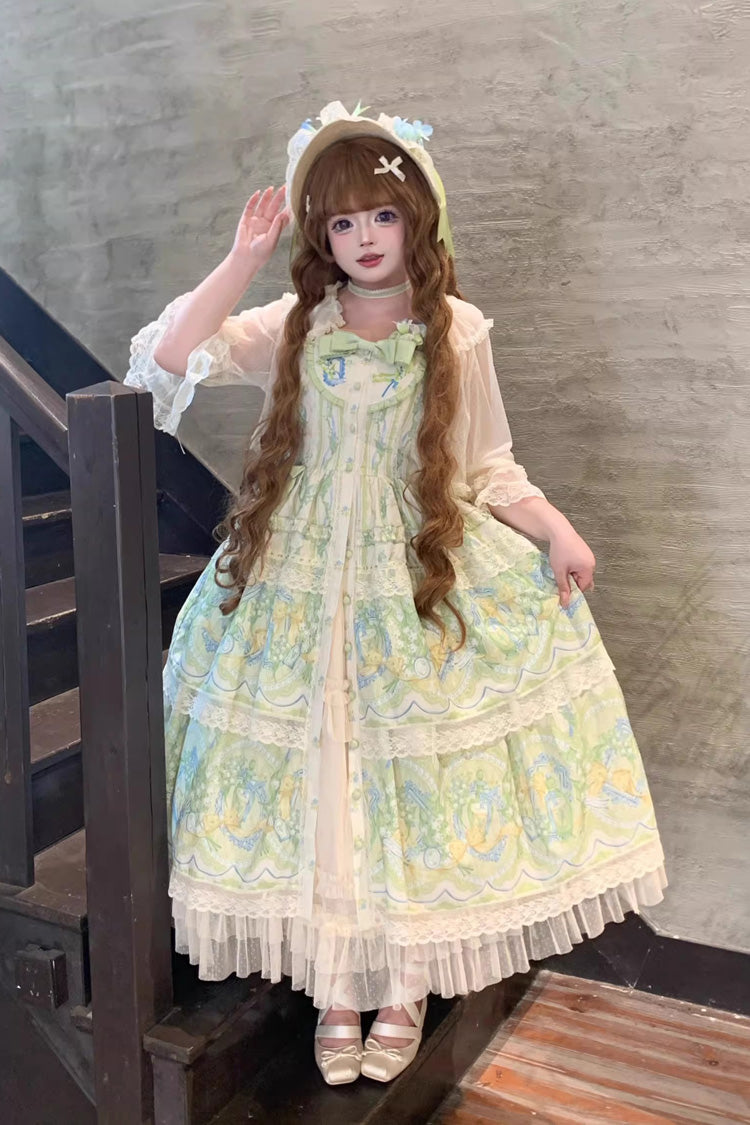 Ivory/Green [Lily of the Valley Perfume] Pearl Candy Tea Doll Collar Sleeveless Printed Lace Plus Size Sweet Lolita Jsk Dress