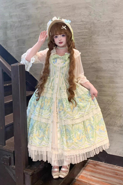 Ivory/Green [Lily of the Valley Perfume] Pearl Candy Tea Doll Collar Sleeveless Printed Lace Plus Size Sweet Lolita Jsk Dress