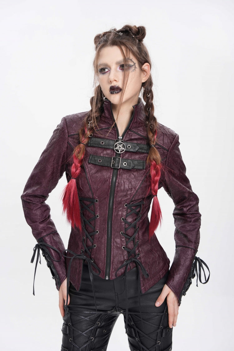 Red Pentacle Lace-Up Buckle Women's Punk Jacket
