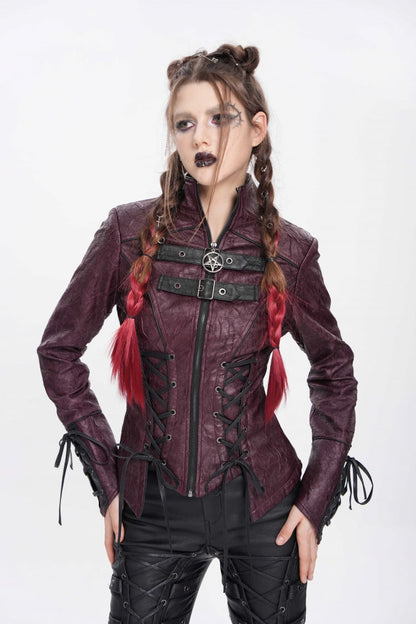 Red Pentacle Lace-Up Buckle Women's Punk Jacket