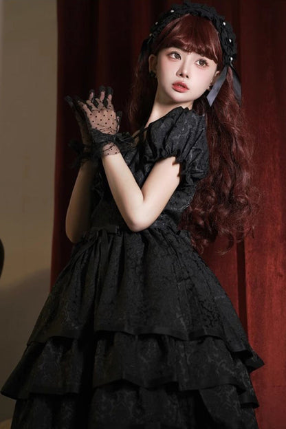 Black Thorn Rose Short Sleeves Multi-layer Ruffle Bowknot Gothic Princess Lolita Dress