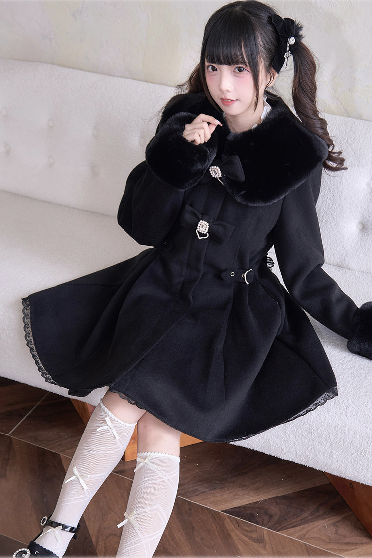 Sweet Plush Collar Waist-cinched Long Sleeves Bowknot Lace Japanese Lolita Coat 4 Colors