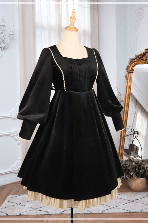 Black Velvet Fake Collar High Waist Classic Lolita OP Dress