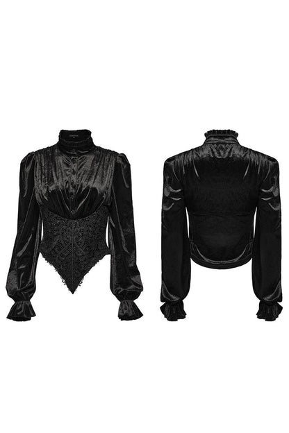 Black Stand Collar Irregular Pleated Velvet Women's Gothic Blouse