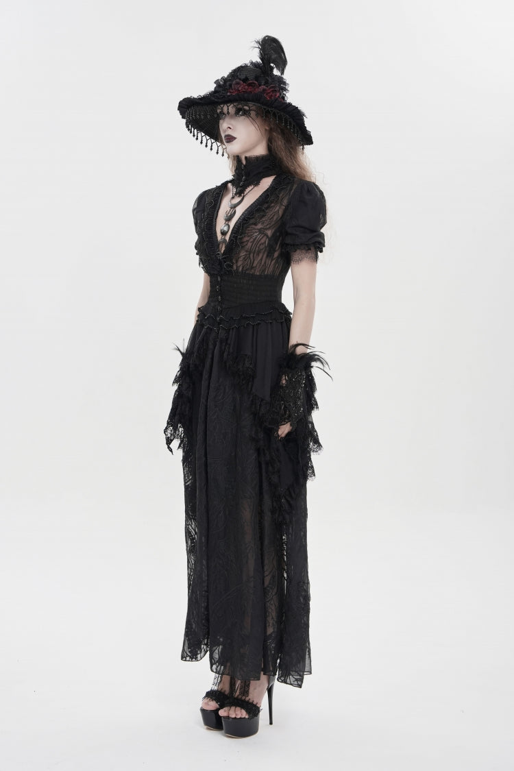 Black V Collar Short Sleeves Hanayome Lace Women's Gothic Wedding Dress