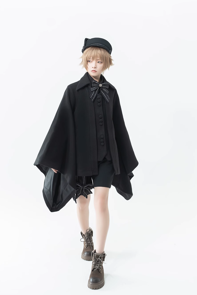 Black Retro Loose Large Sleeve Ouji Lolita Woolen Coat