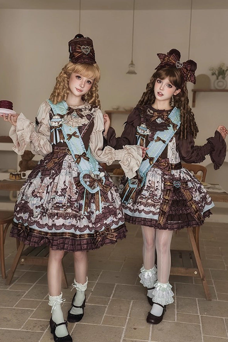 Brown [Teddy Bear Chocolate] Sleeveless Print Ruffle Bowknot Sweet Lolita Jsk Dress