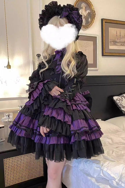 Black/Purple Long Trumpet Sleeves Multi-Layered Ruffle Bowknot Lace-Up Gothic Lolita Dress