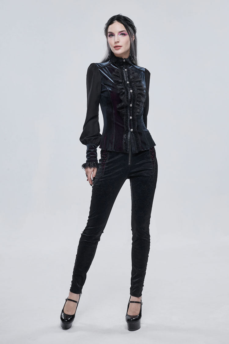Black Textured Pattern Lace Decoration Metal Zipper Mid-High Waist Tie Women's Gothic Trousers