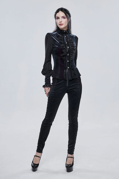 Black Textured Pattern Lace Decoration Metal Zipper Mid-High Waist Tie Women's Gothic Trousers