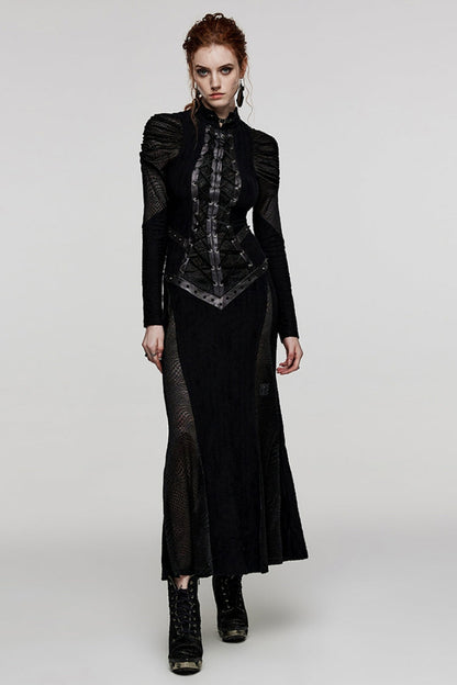 Black Stand Collar Snake Print Stitching Lace-Up Mesh Women's Gothic Dress