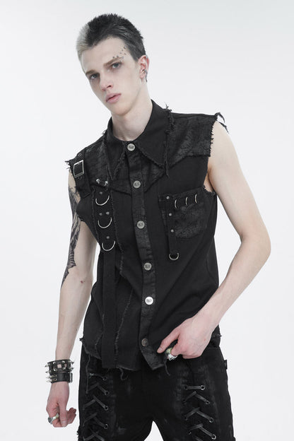 Black Sleeveless Buckle Splice Unedged Men's Punk Vest