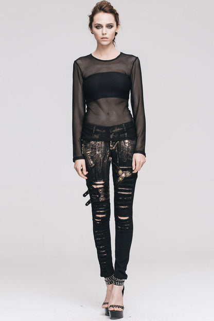 Black See-Through Sexy Hexagonal Mesh Long Sleeve Women's Punk T-Shirt