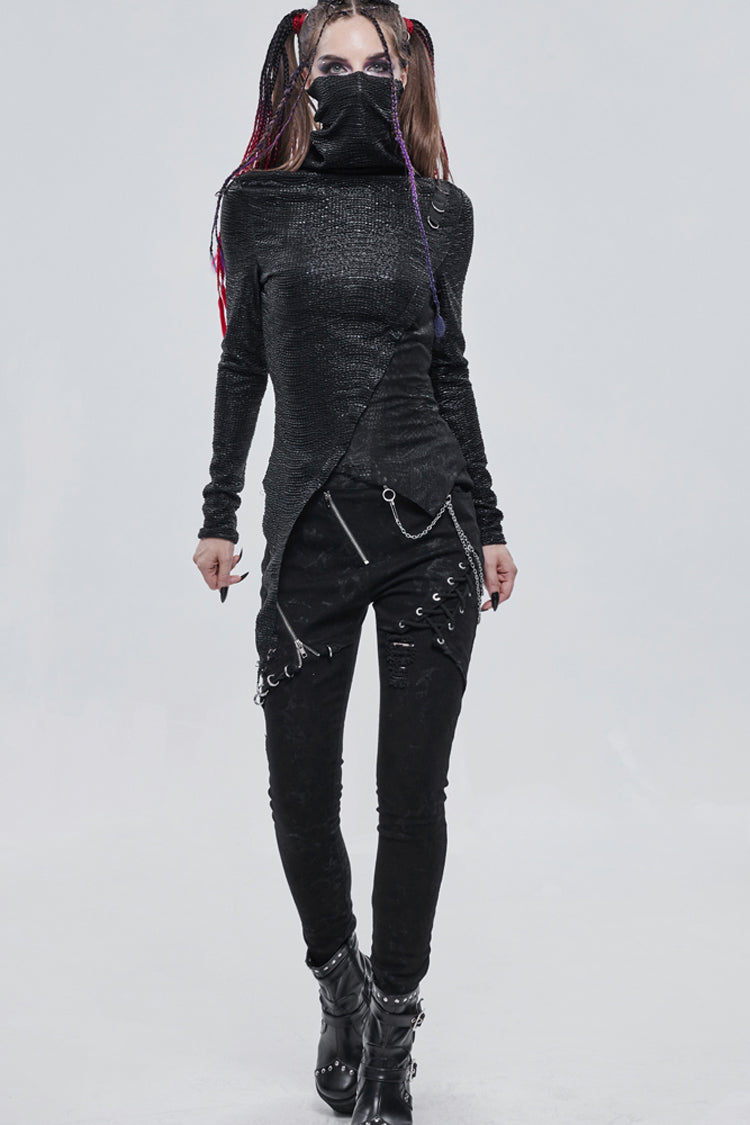 Black Punk High Neck Compressed Stretch Fabric Irregular Pointed Hem Pleated Women's Shirt