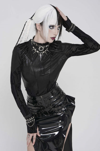 Black Stand Collar Long Sleeves  Circuit Board  Printed Slim Women's Punk Blouse