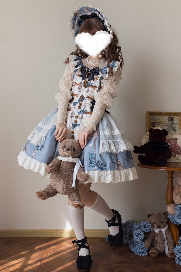 Blue [The Witch’s Banquet] Sleeveless Printed Ruffled Embroidered Bow Lace Sweet Lolita Jsk Dress