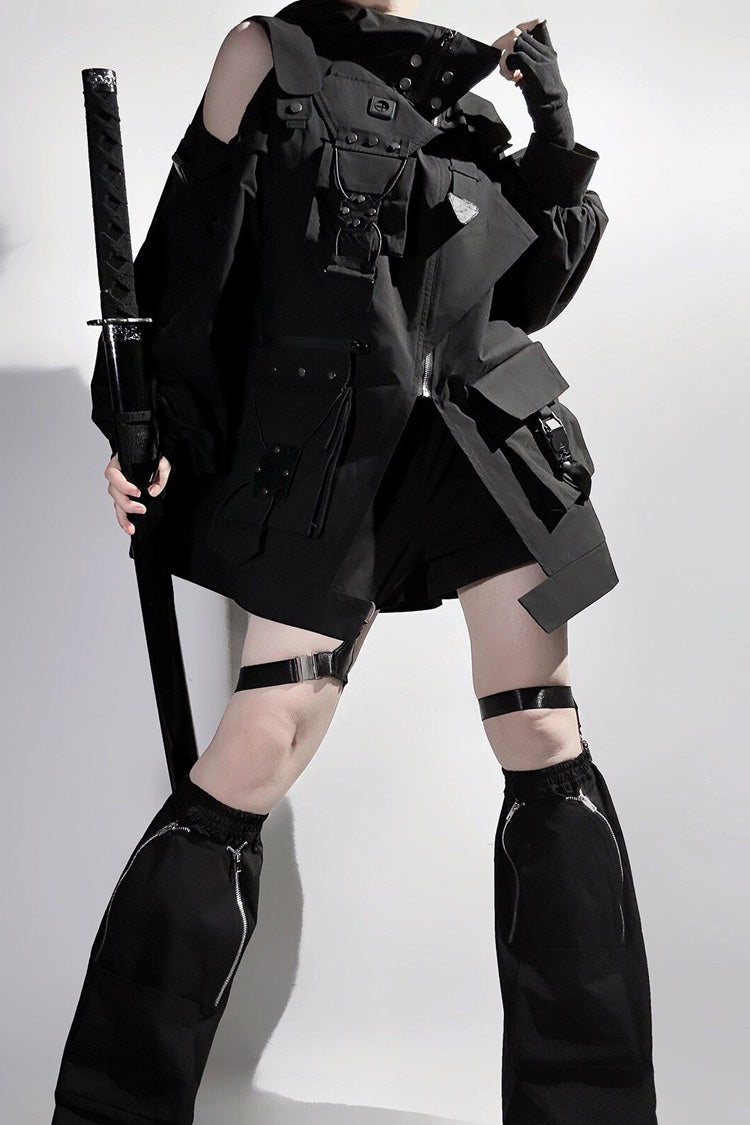 Black Techwear Long Sleeves Hooded Zippered Ouji Gothic Cool Lolita Set