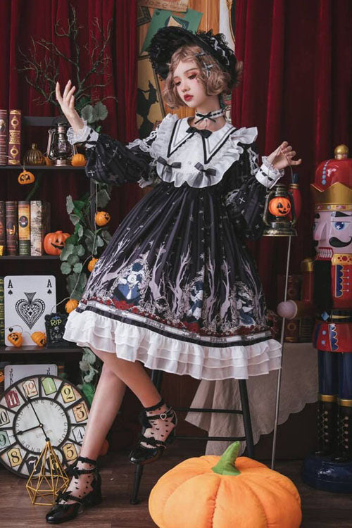 Black Rabbit'S Requiem Round Collar Long Sleeves College Style Gothic Lolita OP Dress