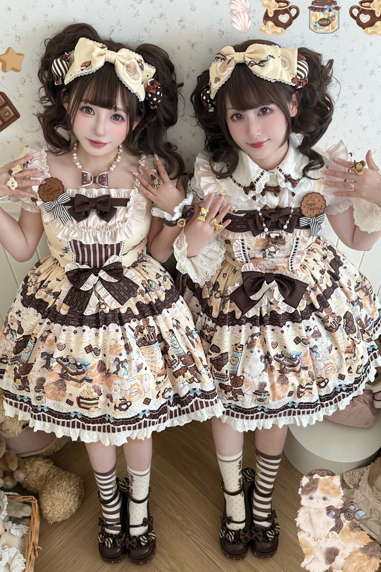 [Chocolate Cake Party] Square Collar Sleeveless Printed Ruffled Bow Daily Sweet Lolita Jsk Dress 2 Colors