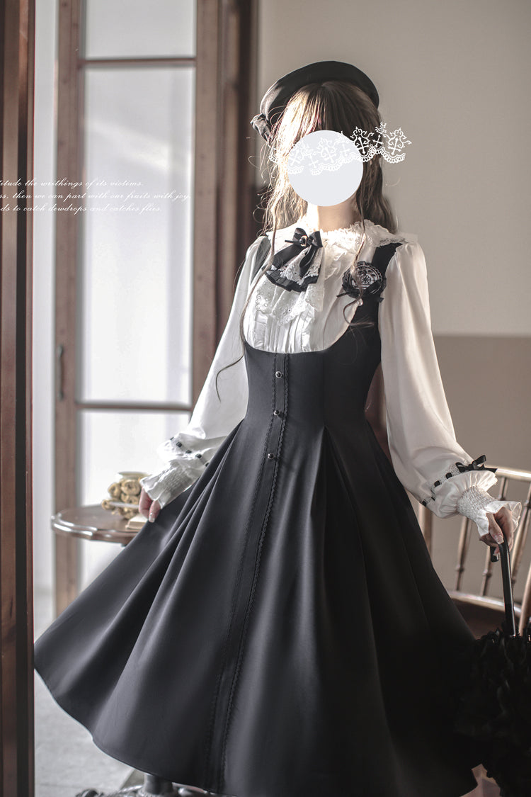 Black/White [Sunset Academy] Long Sleeves Ruffle Bowknot Fake Two Pieces Vintage College Style Elegant Lolita Dress