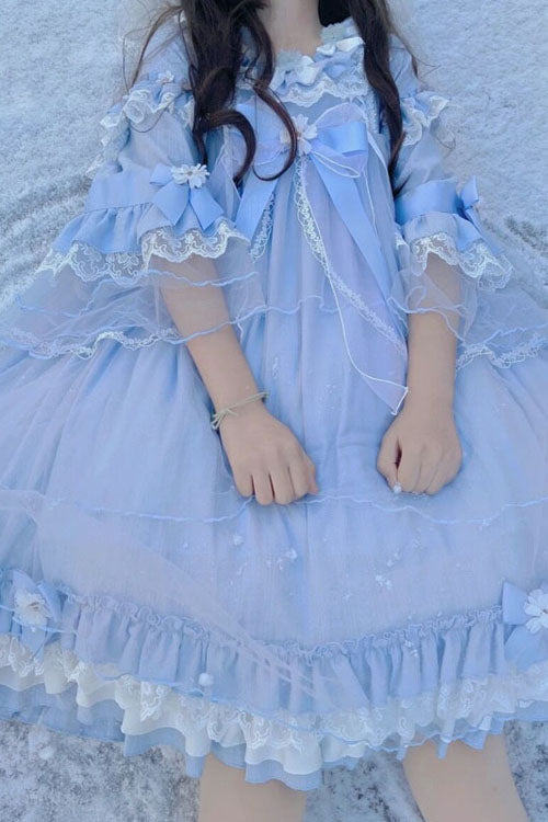 Blue Bowknot Trumpet Sleeves Multi-Layer Ruffled Sweet Lolita OP Tiered Dress