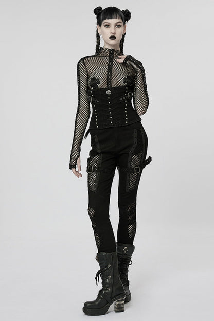 Stitching Slim Mesh Buckles Eyelets Women's Steampunk Leggings 2 Colors