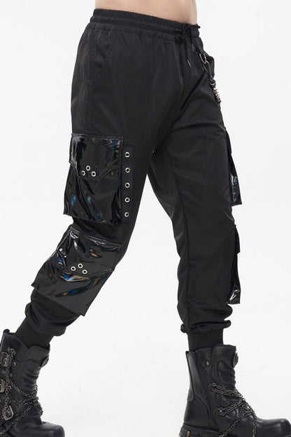 Black Punk Multi Pocket Splicing Illusory Color Removable Metal Left Chain Design Cargo Men's Pants