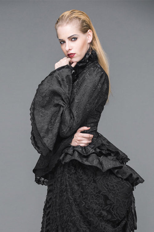 Black Trumpet Sleeves Lace Ruffled Vintage Print Womens Gothic Blouse