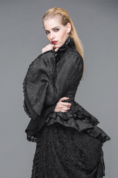 Black Trumpet Sleeves Lace Ruffled Vintage Print Womens Gothic Blouse