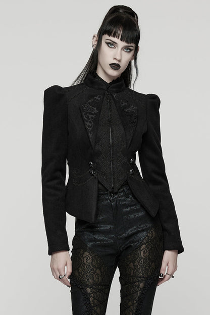 Black Stand Collar Long Sleeves Embroidered Lace-Up Zippered Women's Gothic Jacket