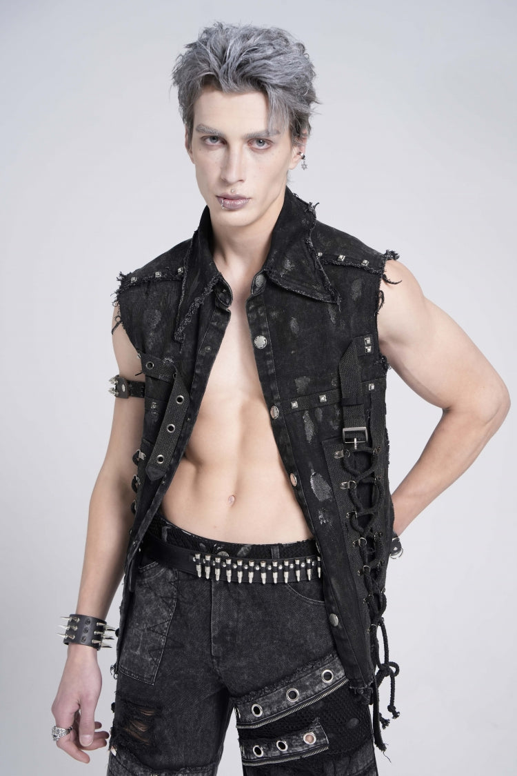 Black Sleeveless Studded Lace-Up Men's Gothic Distressed Vest