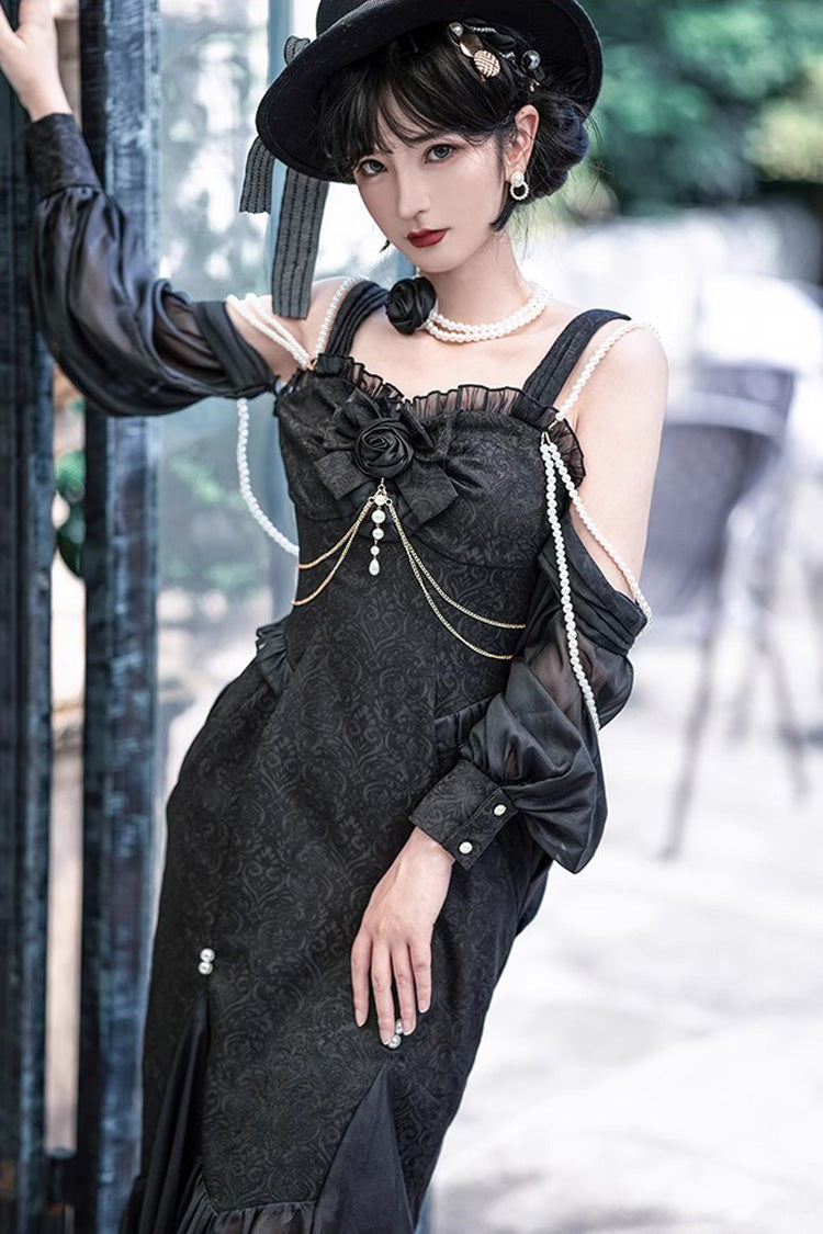Black [Camellia 1.0] Sleeveless Jacquard Ruffle Lace Gothic Chinese Style Lolita Jsk Fishtail Dress