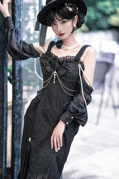 Black [Camellia 1.0] Sleeveless Jacquard Ruffle Lace Gothic Chinese Style Lolita Jsk Fishtail Dress