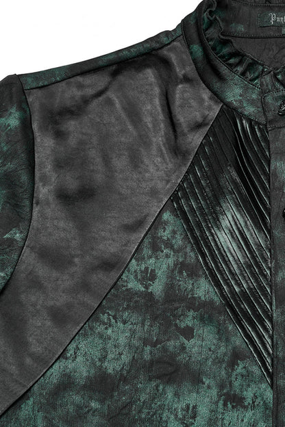 Black/Green Stand Collar Long Sleeves Ruffle Pleated Men's Gothic Blouse