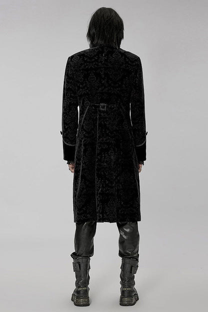 Black Punk Weft Velveteen Print Splicing Stand Collar Lacework Decorate Long Men's Coat