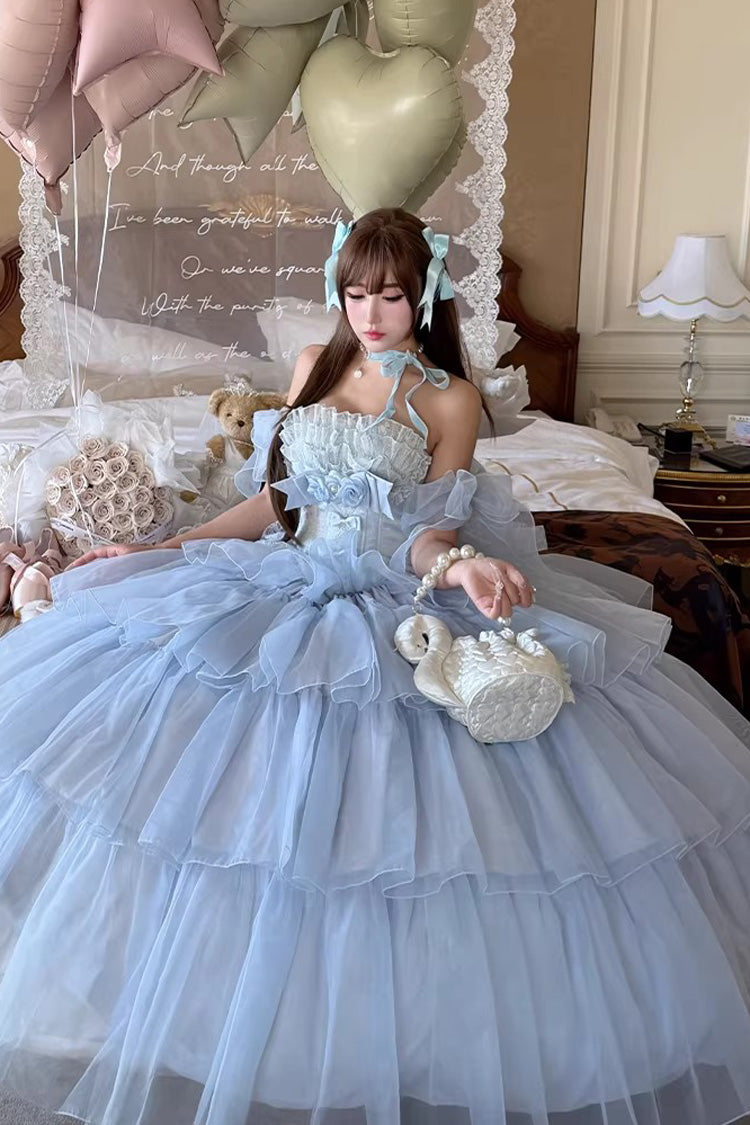 Blue [Mousse Love Song] Sleeveless Multi-Layered Ruffled Hanayome Bow Sweet Lolita Dress