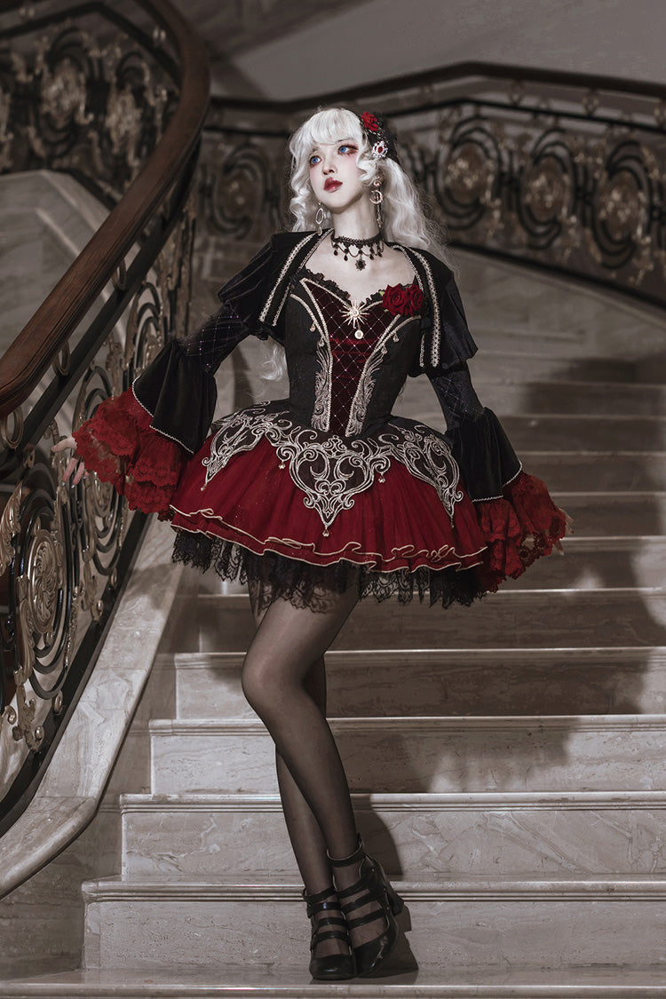 Black/Red [Blood Clan Feast] Ruffle Embroidery Lace Gothic Lolita Jsk Dress Set