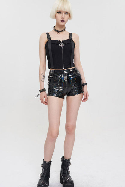 Black Punk Knitted Fabric Adjustable Suspenders Snaps Front Metal Zipper Women's Vest