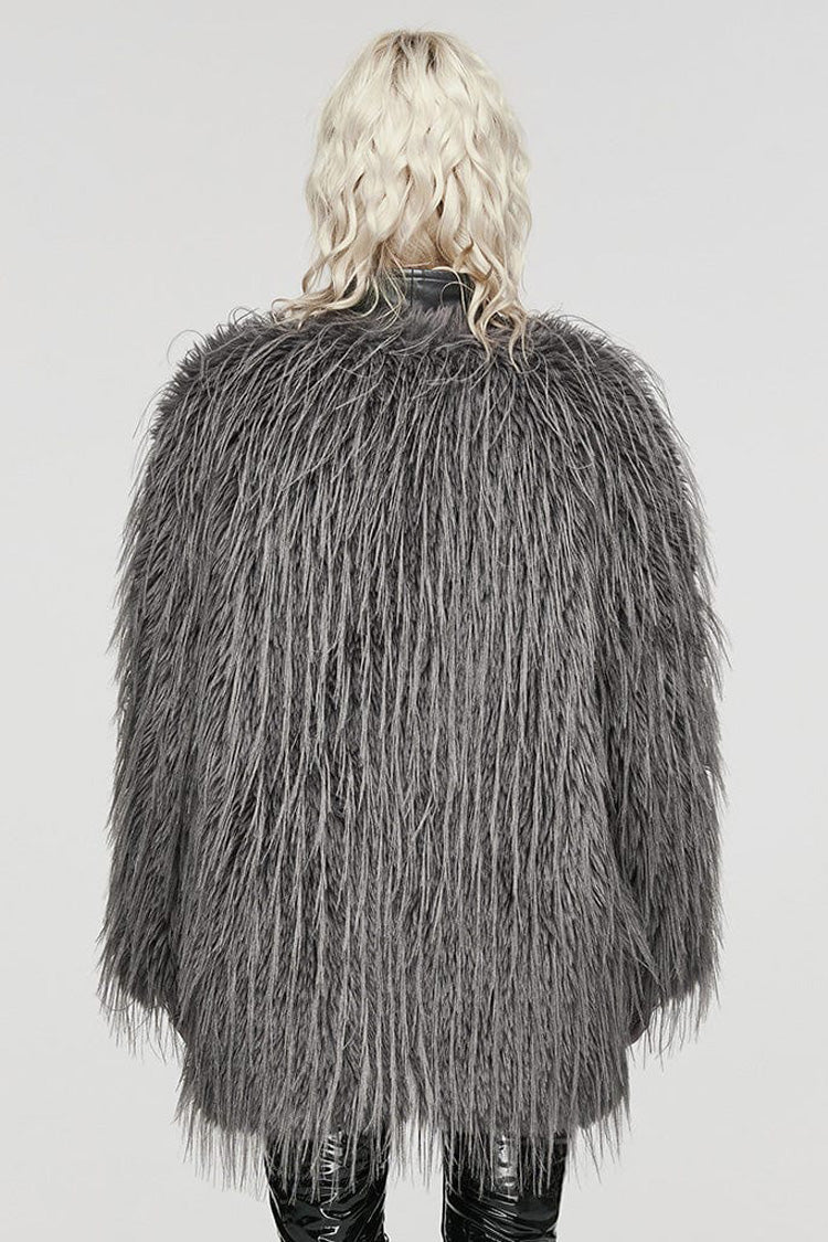 Grey Faux Fur Wool Side Long Sleeves Stitching Womens Gothic Elegant Coat