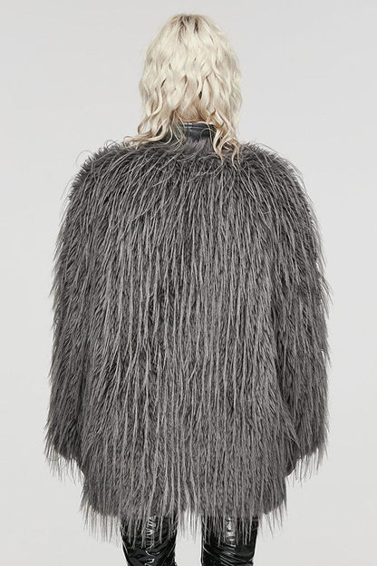 Grey Faux Fur Wool Side Long Sleeves Stitching Womens Gothic Elegant Coat